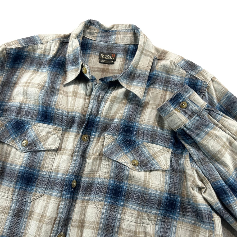 Royal Robbins Button Down Shirt Mens M Blue Tan Plaid Flannel Utility Shirt